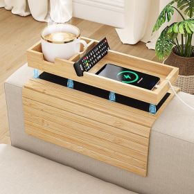 Bamboo Foldable Sofa Armrest Tray with Magnetic Detachable Cup Holder & Anti-Slip Pad | Versatile Couch Arm Table for Drinks, Snacks, Phone