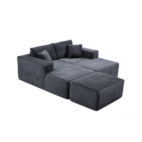 73.4" Modern Corduroy Upholstered  Lounge Sofa Chair with Ottoman, 2-Seat Lounge Sofa for Small Spaces, No Assembly Required (Color: Dark Gray-with Ottoman, Orientation: 2-seater)