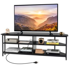 3-Tier Corner TV Stand for TVs up to 65 Inches with Charging Station (Color: Black)